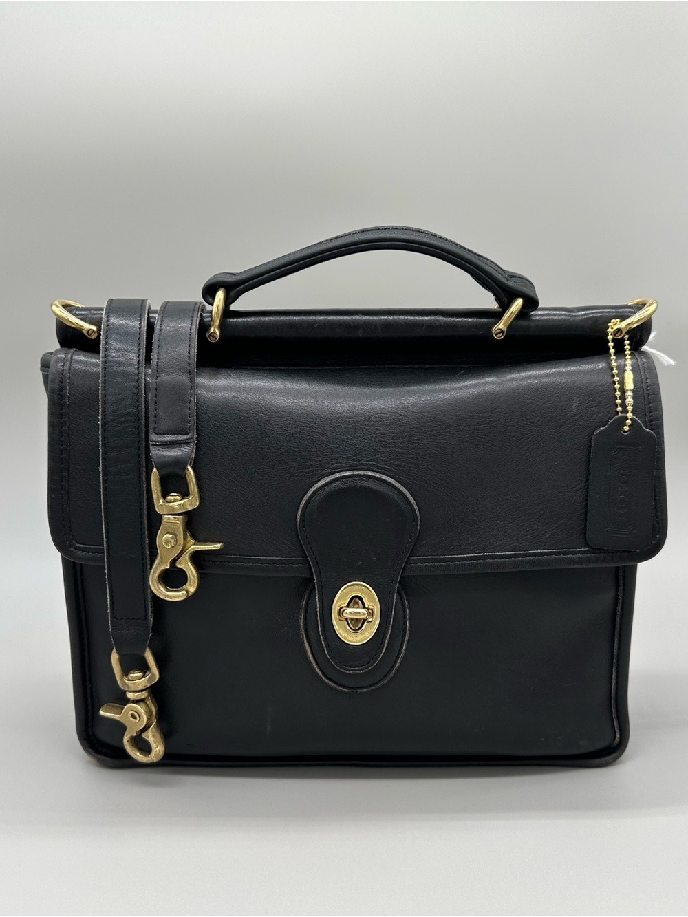 Vintage Coach Black Leather Willis Brass Turn lock and Hardware